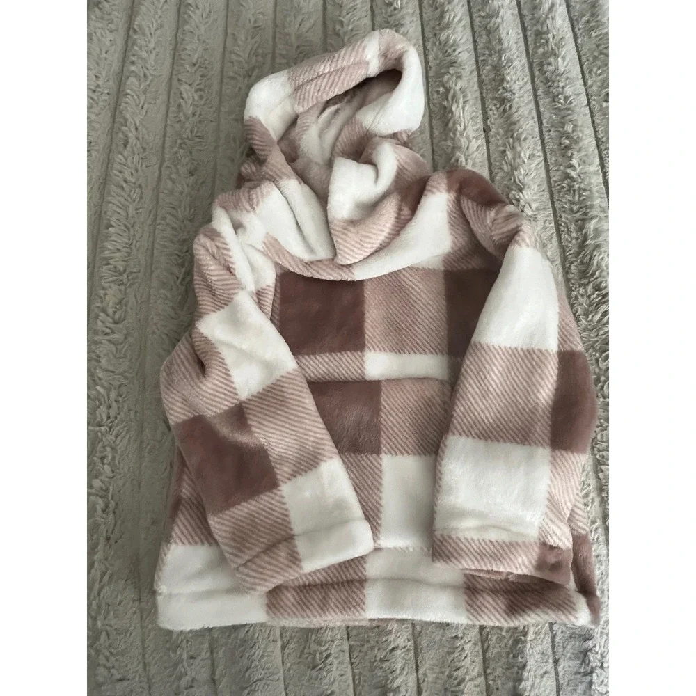 Set Kids Tan White Buffalo Plaid Fleece Pajama Set Hooded Pullover and Pants 2pc